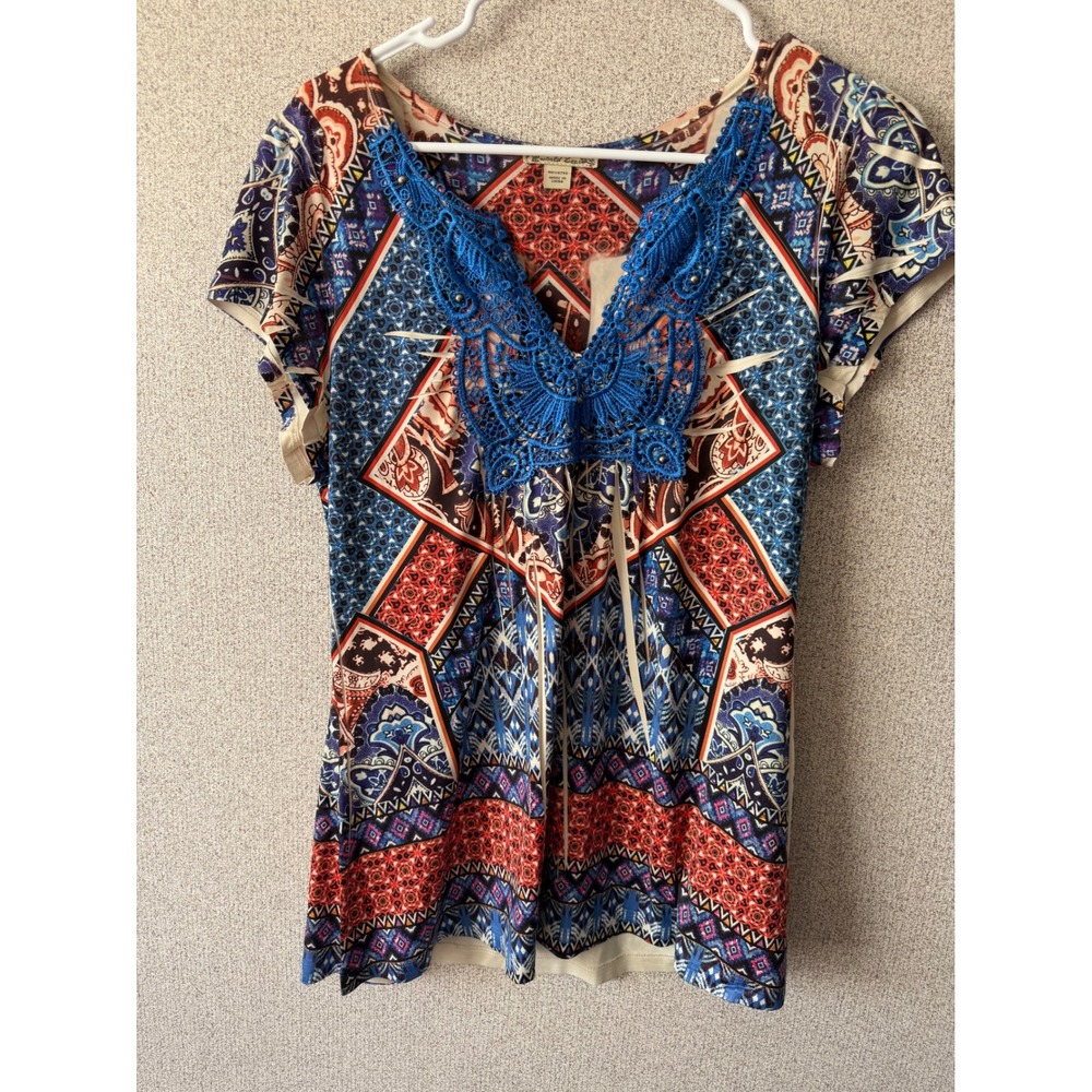 Energe PL World‎ Wear Womens Boho Patchwork Butterfly Crochet Studded Top L